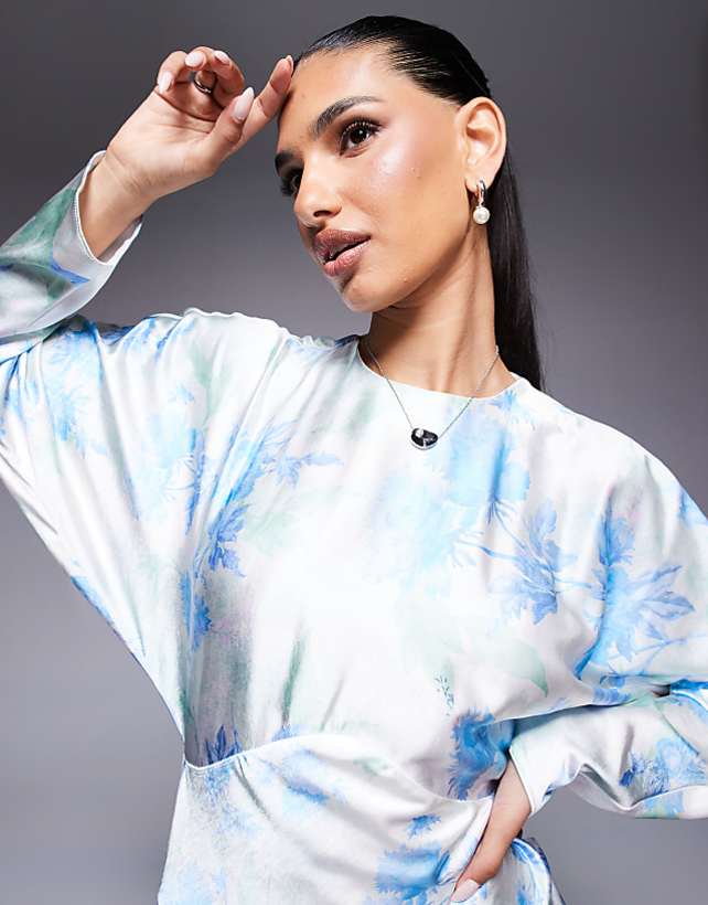 Asos ASOS DESIGN Satin Batwing Maxi Dress In Ivory Ground Floral