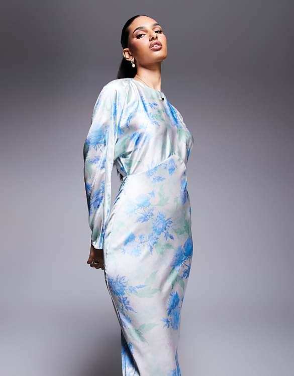 asos ASOS DESIGN satin batwing maxi dress in ivory ground floral