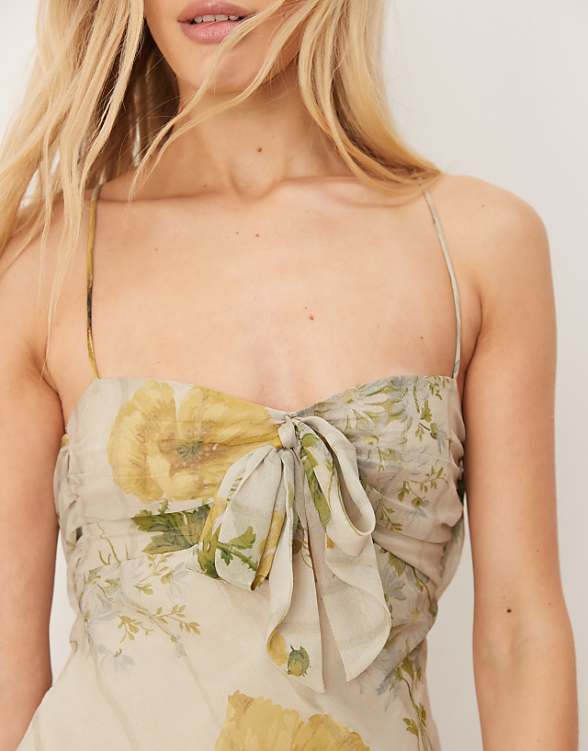Asos ASOS DESIGN Satin Bust Bow Front Chiffon Maxi Dress In Yellow Floral Print