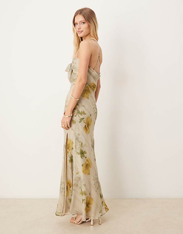 Asos ASOS DESIGN Satin Bust Bow Front Chiffon Maxi Dress In Yellow Floral Print