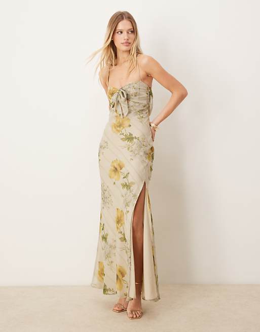 asos ASOS DESIGN satin bust bow front chiffon maxi dress in yellow floral print