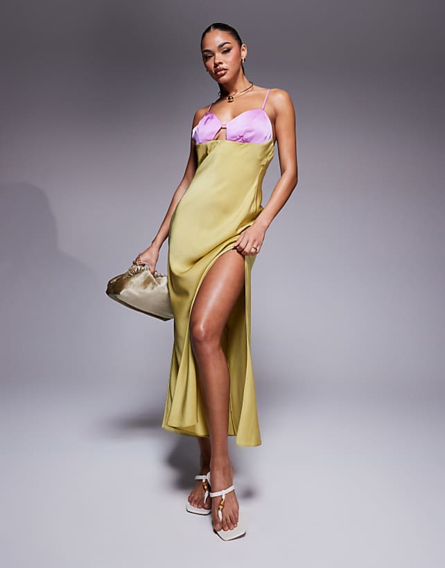 asos ASOS DESIGN satin cami maxi dress with colourblock bodice in pink and lime