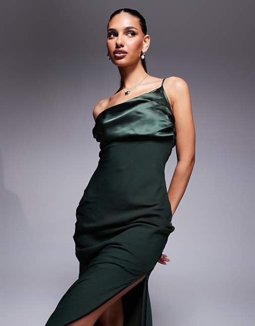 Asos ASOS DESIGN Satin Chiffon Mix Draped One Shoulder Maxi Dress In Dark Green