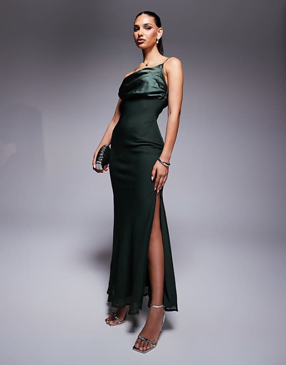 asos ASOS DESIGN satin chiffon mix draped one shoulder maxi dress in dark green