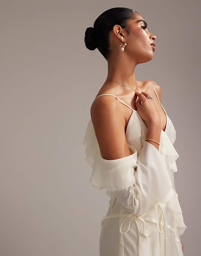 Asos ASOS DESIGN Satin Chiffon Mix Ruffle Cold Shoulder Maxi Dress In Ivory