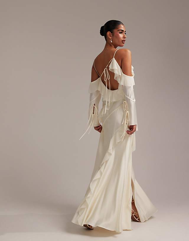 Asos ASOS DESIGN Satin Chiffon Mix Ruffle Cold Shoulder Maxi Dress In Ivory