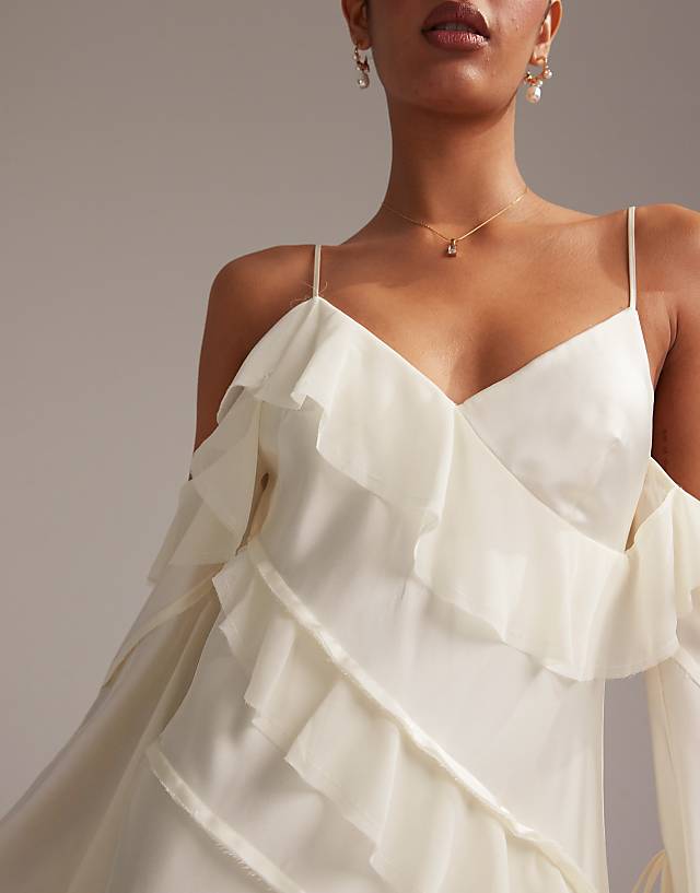 Asos ASOS DESIGN Satin Chiffon Mix Ruffle Cold Shoulder Maxi Dress In Ivory
