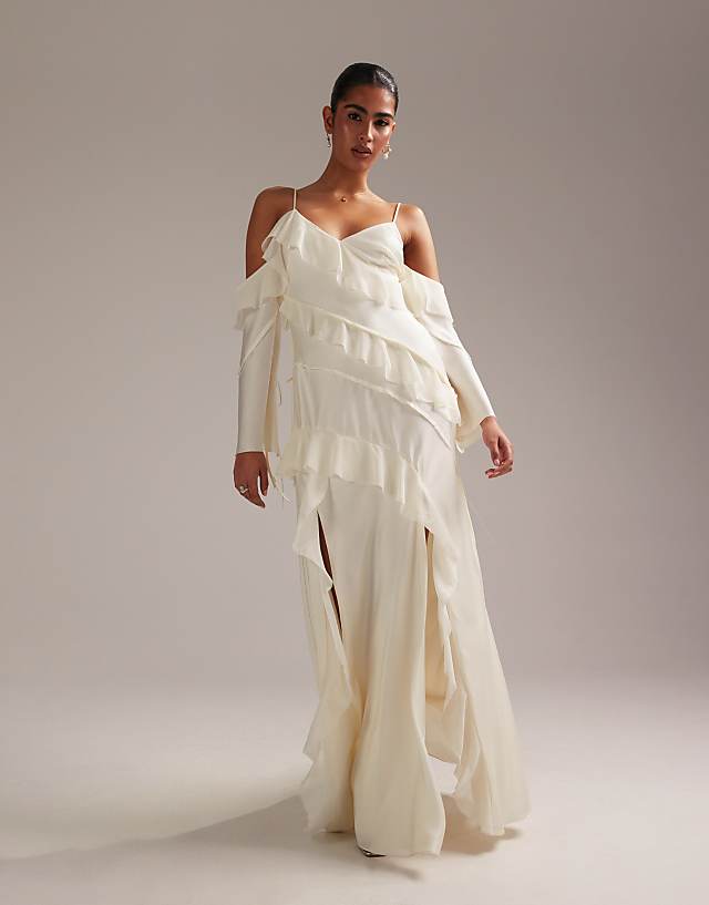 asos ASOS DESIGN satin chiffon mix ruffle cold shoulder maxi dress in ivory