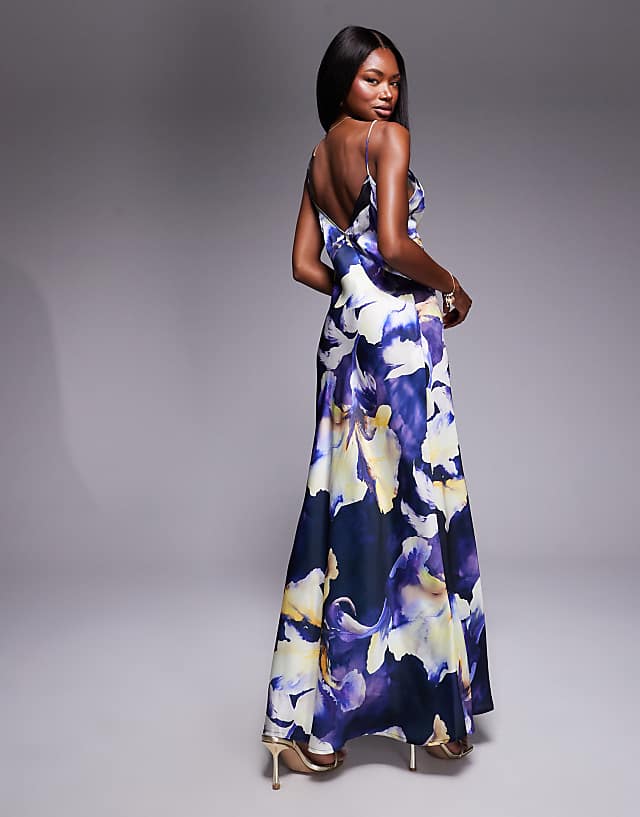 Asos ASOS DESIGN Satin Chiffon Mix Square High Neck Maxi Dress In Black Based Print