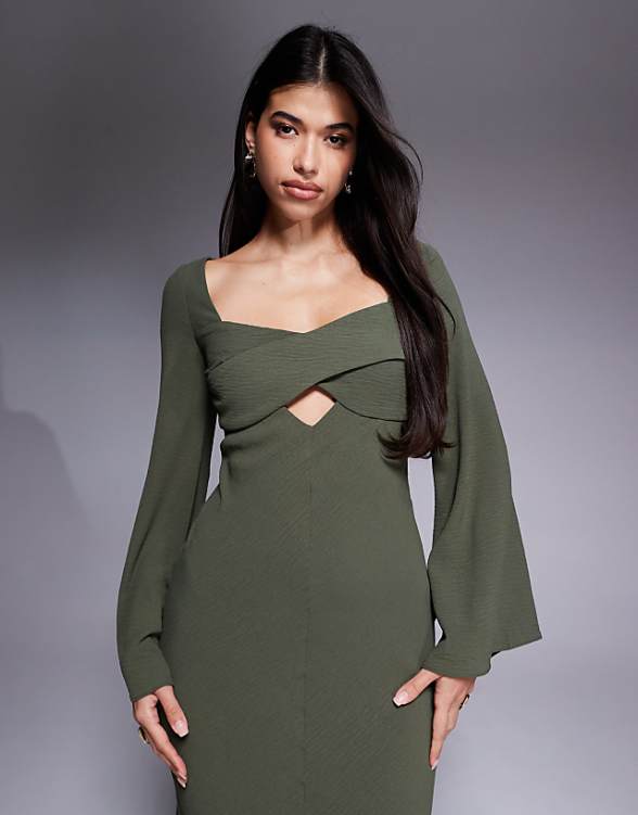 Asos ASOS DESIGN Satin Cross Bust Cutout Detail Midi Dress In Dark Khaki