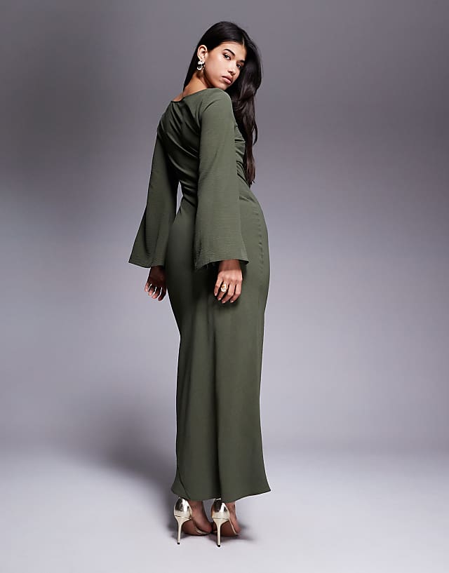 Asos ASOS DESIGN Satin Cross Bust Cutout Detail Midi Dress In Dark Khaki