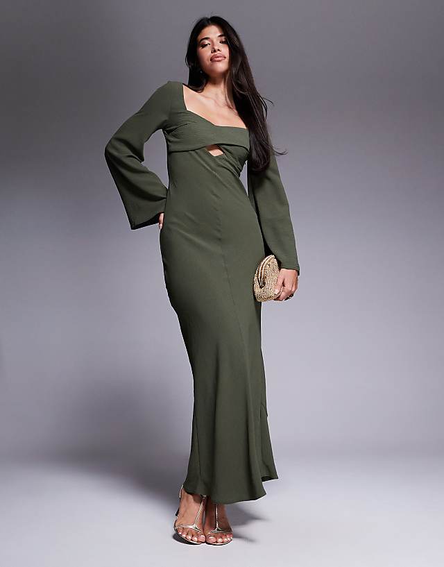 asos ASOS DESIGN satin cross bust cutout detail midi dress in dark khaki