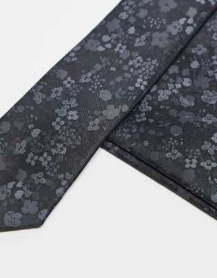 Asos ASOS DESIGN Satin Floral Print Tie And Pocket Square Set In Grey