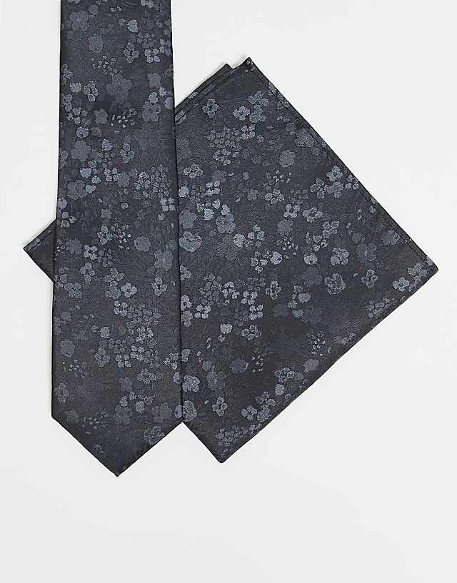 asos ASOS DESIGN satin floral print tie and pocket square set in grey