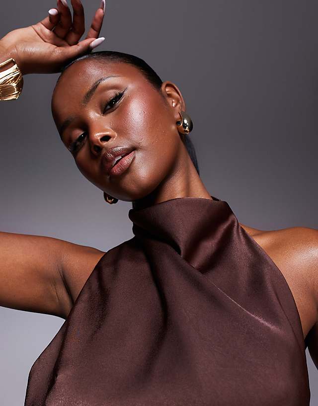 Asos ASOS DESIGN Satin Halter Neck High Low Dress In Chocolate