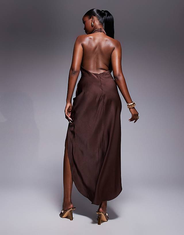 Asos ASOS DESIGN Satin Halter Neck High Low Dress In Chocolate
