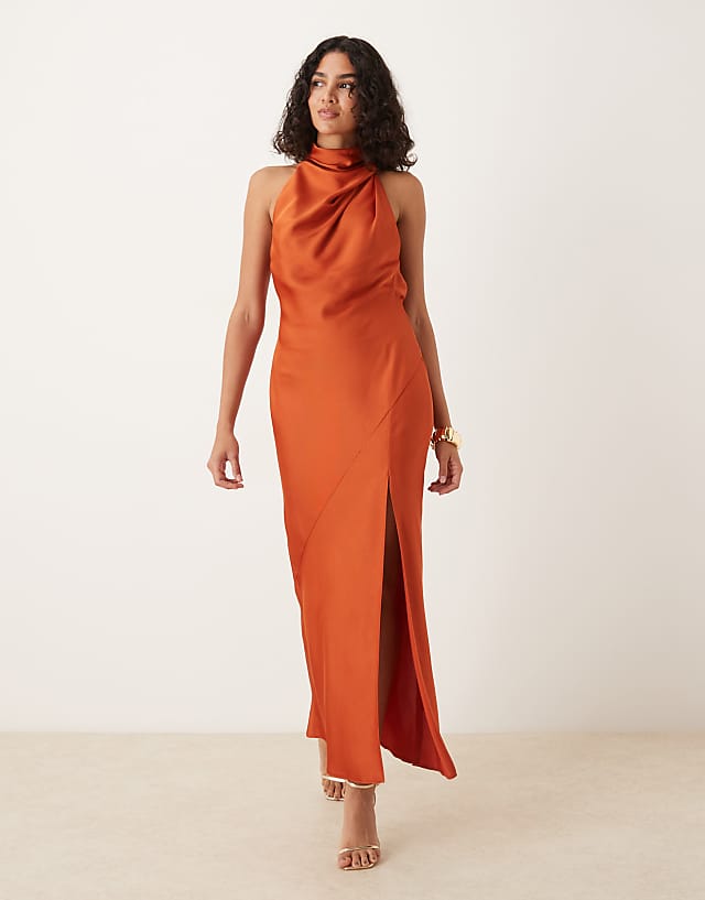 Asos ASOS DESIGN Satin Halterneck Maxi Dress With Cowl Back Detail In Rust