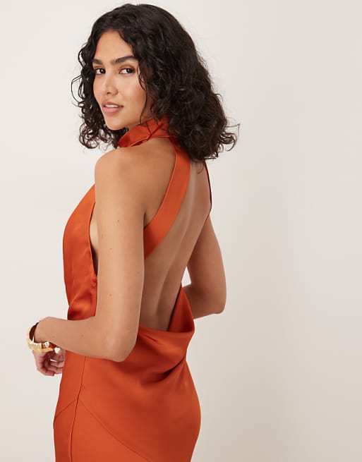 Asos ASOS DESIGN Satin Halterneck Maxi Dress With Cowl Back Detail In Rust