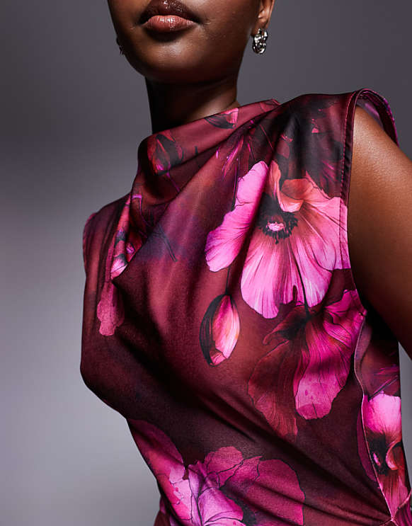 Asos ASOS DESIGN Satin High Neck Pleated Bodice Midi Dress In Dark Pink Floral Print