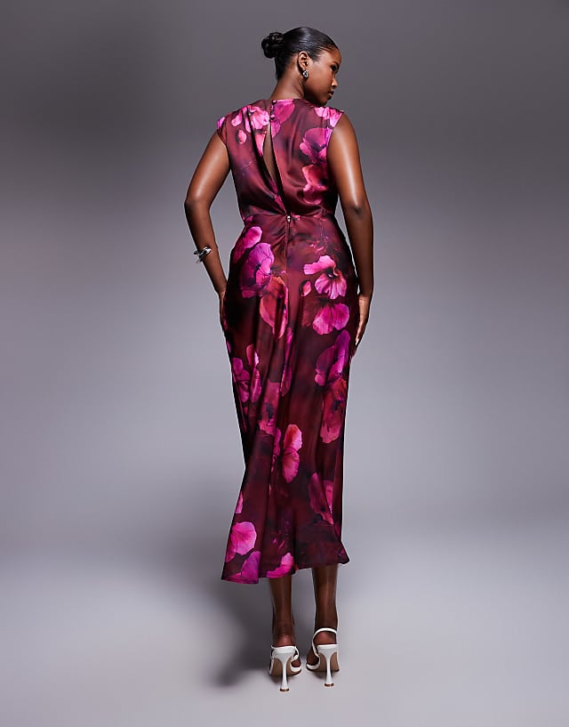 Asos ASOS DESIGN Satin High Neck Pleated Bodice Midi Dress In Dark Pink Floral Print