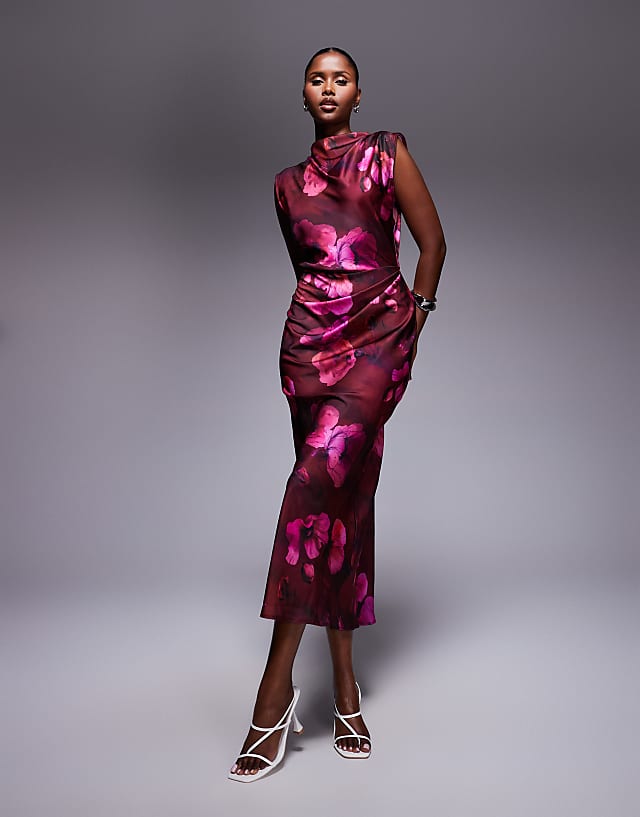 asos ASOS DESIGN satin high neck pleated bodice midi dress in dark pink floral print