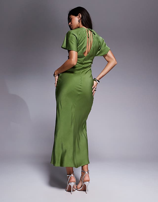 Asos ASOS DESIGN Satin Knot Detail Cutout Midaxi Dress In Green