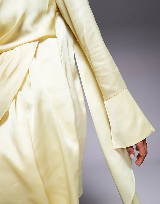 Asos ASOS DESIGN Satin Long Sleeve Plunge Mini Dress With Drape Neck Scarf And Wrap Skirt In Lemon Yellow