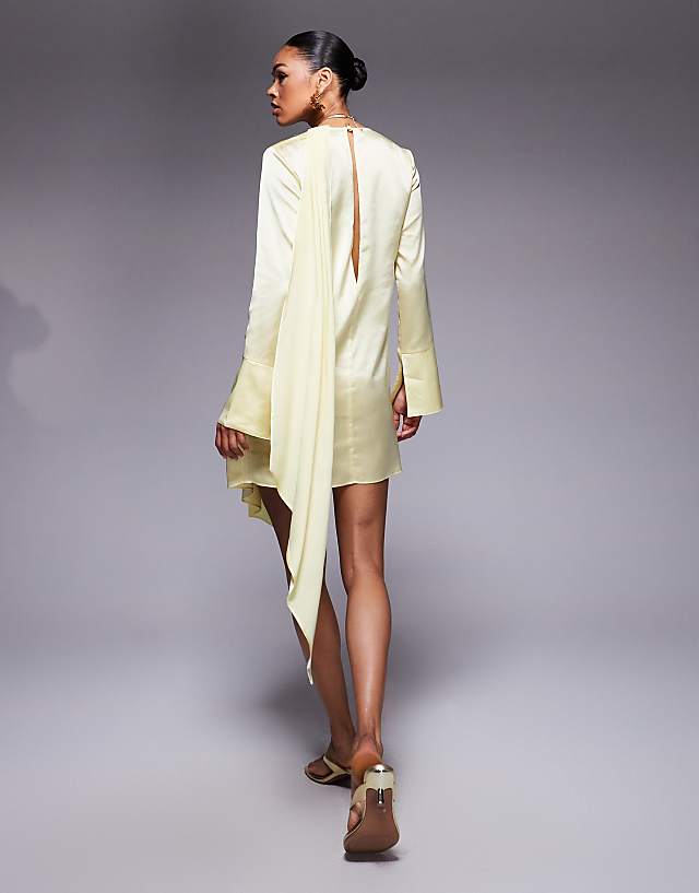 Asos ASOS DESIGN Satin Long Sleeve Plunge Mini Dress With Drape Neck Scarf And Wrap Skirt In Lemon Yellow