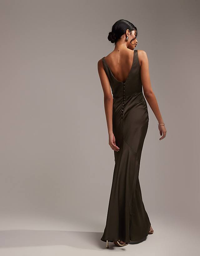 Asos ASOS DESIGN Satin Maxi Dress With Twist Front Detail In Forest Green