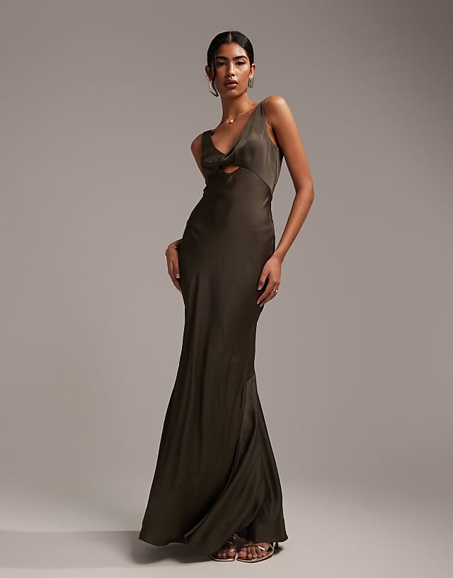 Asos ASOS DESIGN Satin Maxi Dress With Twist Front Detail In Forest Green