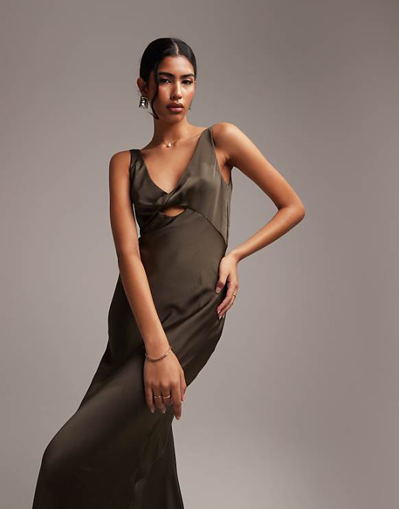 asos ASOS DESIGN satin maxi dress with twist front detail in forest green