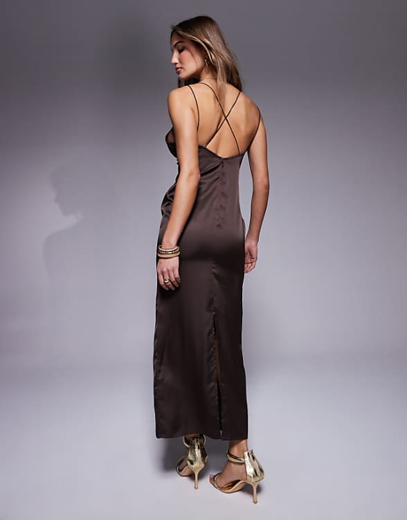 Asos ASOS DESIGN Satin Midi Dress With Chiffon Bust Detail And Cross Back In Chocolate Brown