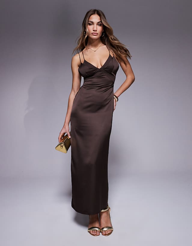 asos ASOS DESIGN satin midi dress with chiffon bust detail and cross back in chocolate brown