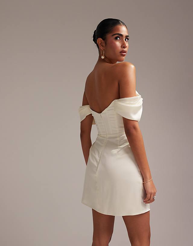 Asos ASOS DESIGN Satin Off Shoulder Mini Dress In Ivory