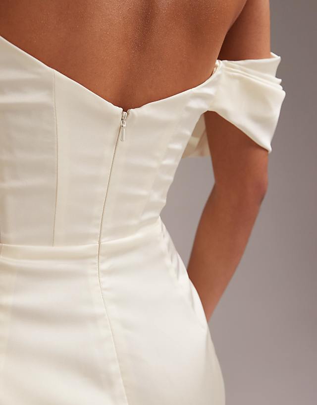 Asos ASOS DESIGN Satin Off Shoulder Mini Dress In Ivory