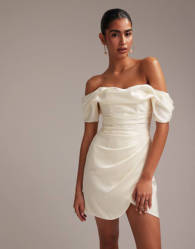 asos ASOS DESIGN satin off shoulder mini dress in ivory