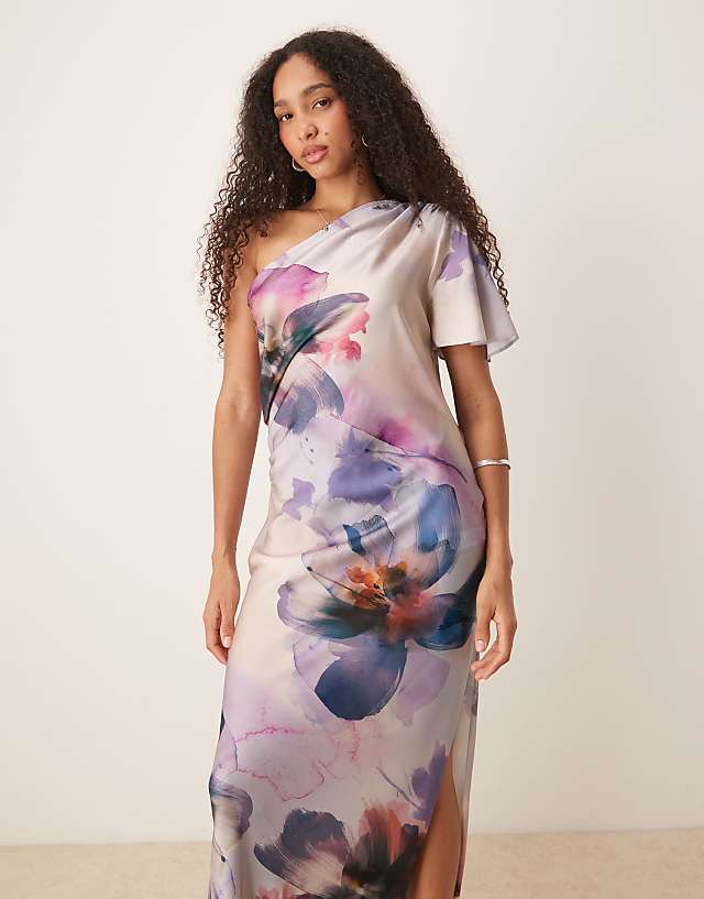 Asos ASOS DESIGN Satin One Shoulder Flutter Sleeve Midi Dress In Painted Floral