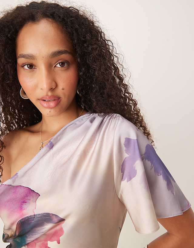 Asos ASOS DESIGN Satin One Shoulder Flutter Sleeve Midi Dress In Painted Floral