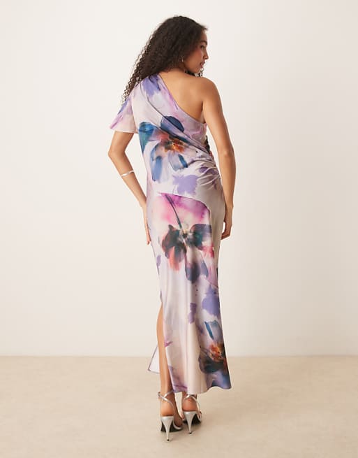 Asos ASOS DESIGN Satin One Shoulder Flutter Sleeve Midi Dress In Painted Floral