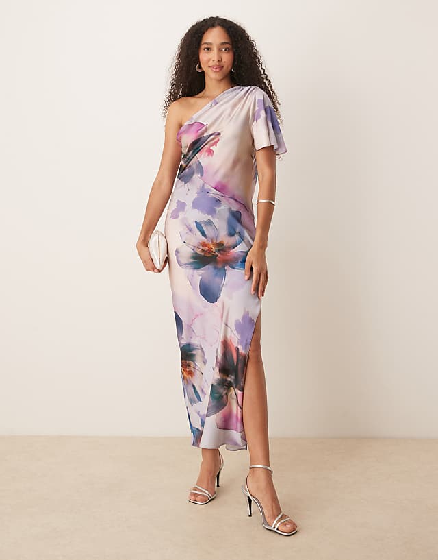 asos ASOS DESIGN satin one shoulder flutter sleeve midi dress in painted floral