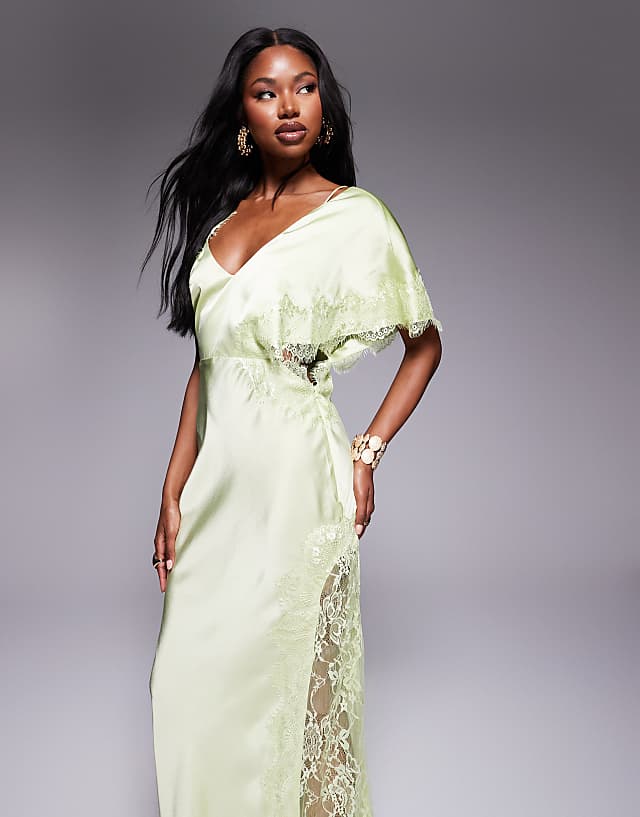 Asos ASOS DESIGN Satin One Shoulder Maxi Dress With Lace Trim In Sage Green