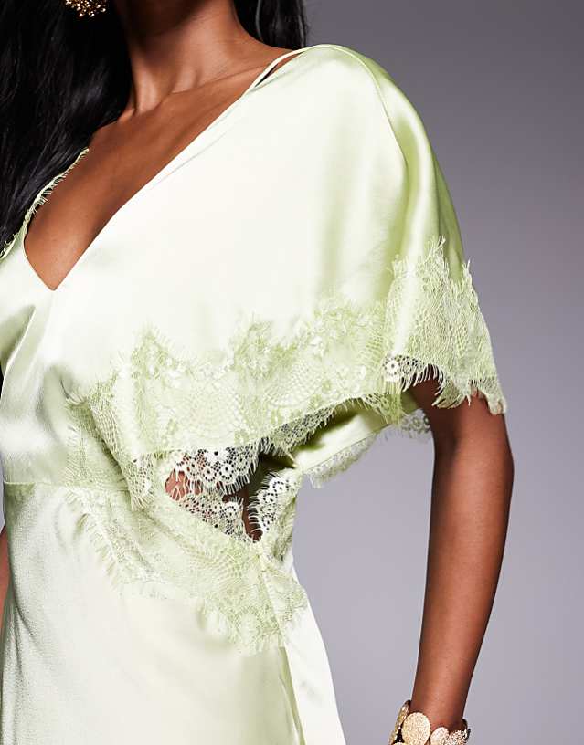 Asos ASOS DESIGN Satin One Shoulder Maxi Dress With Lace Trim In Sage Green