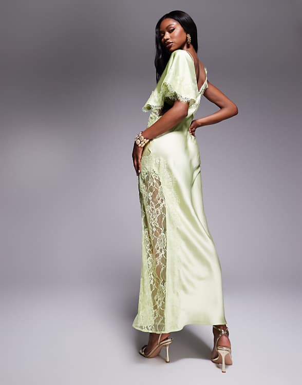 asos ASOS DESIGN satin one shoulder maxi dress with lace trim in sage green