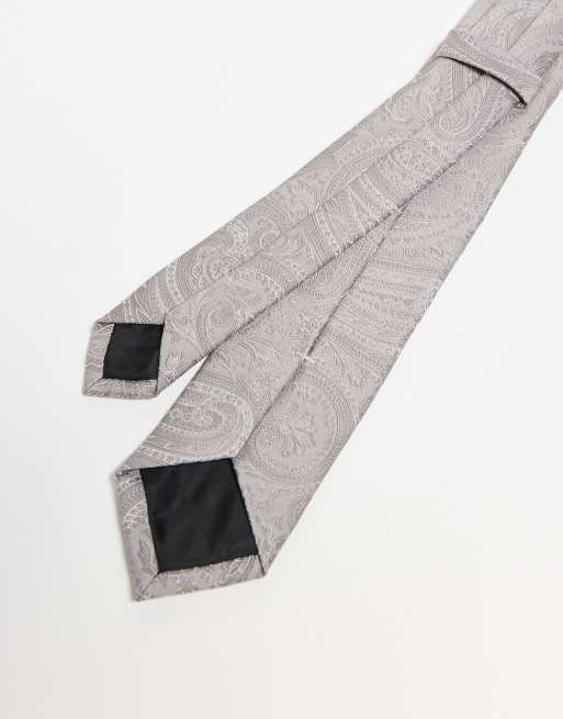 Asos ASOS DESIGN Satin Paisley Tie And Pocket Square In Stone