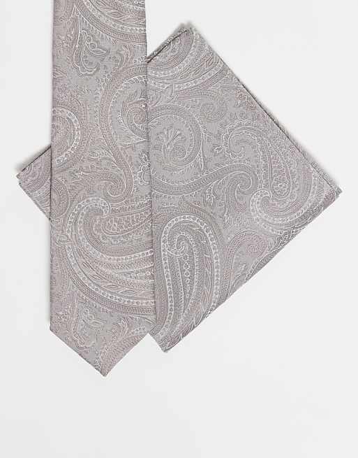asos ASOS DESIGN satin paisley tie and pocket square in stone