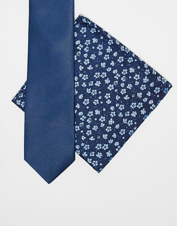 asos ASOS DESIGN satin plain tie and floral print pocket square set in navy