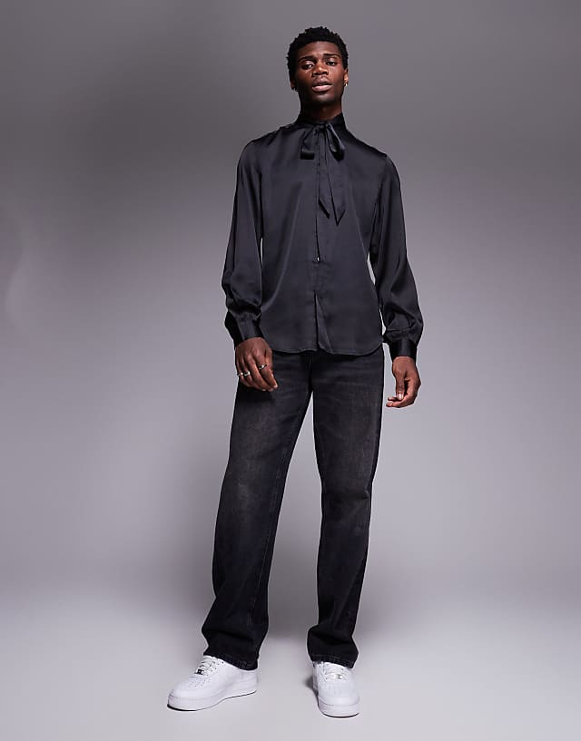 Asos ASOS DESIGN Satin Regular Shirt With Tie Neck And Blouson Volume Sleeve