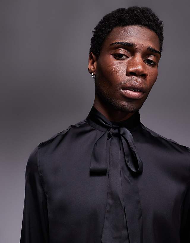 Asos ASOS DESIGN Satin Regular Shirt With Tie Neck And Blouson Volume Sleeve