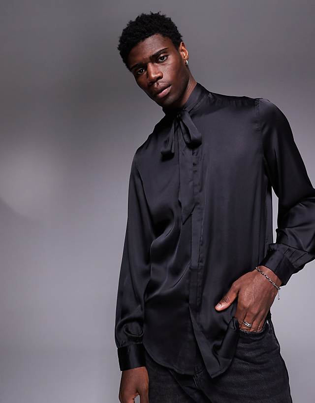 asos ASOS DESIGN satin regular shirt with tie neck and blouson volume sleeve