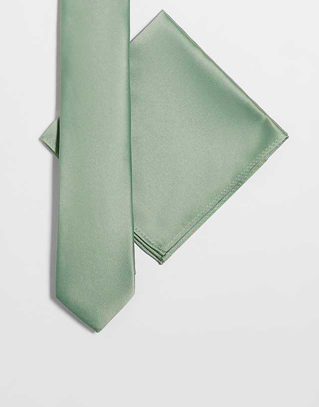 asos ASOS DESIGN satin slim tie and pocket square in sage green